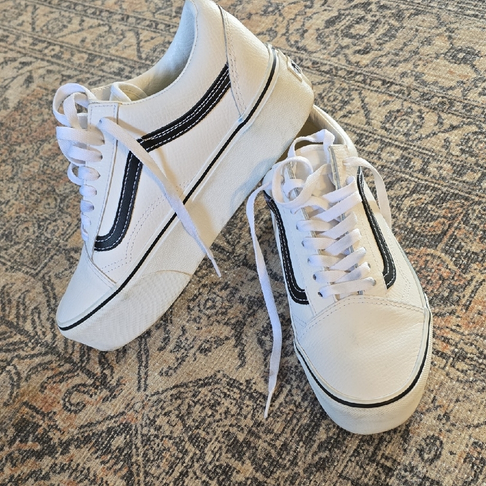 Vans White Sneakers with Black Stripe